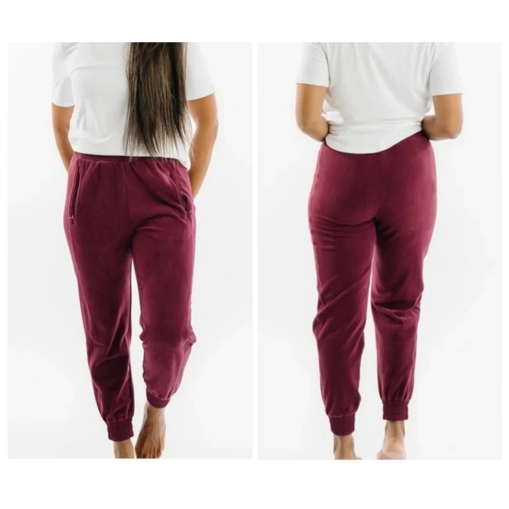 Zyia Active High Rise Maroon Burgundy Fleece Y2k Pull On Jogger Pants L A011432